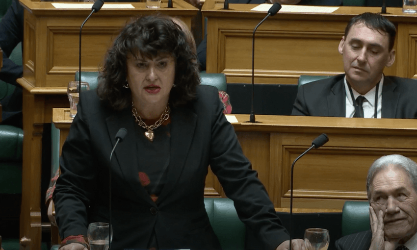 Casey Costello speaks in the House, next to a smiling Winston Peters.