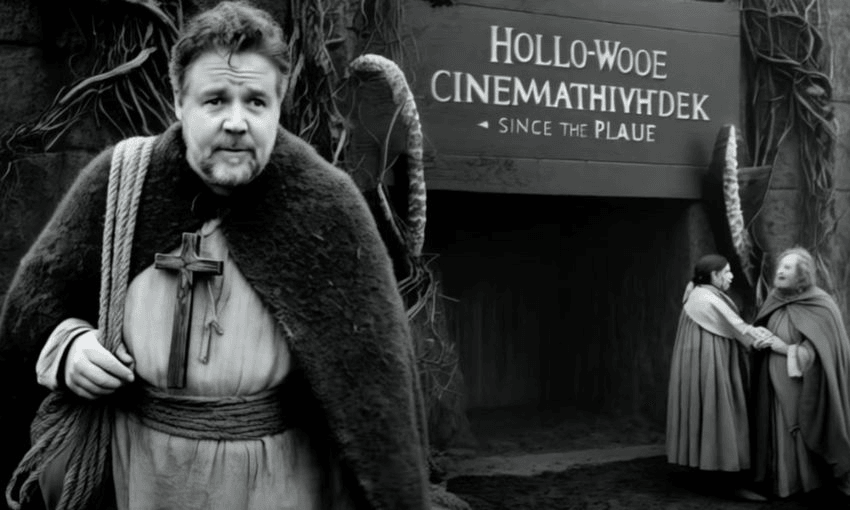 A screenshot from the Hollywood Avondale PSA showing AI-generated Russell Crowe in front of a sign misspelling Hollywood and cinema.