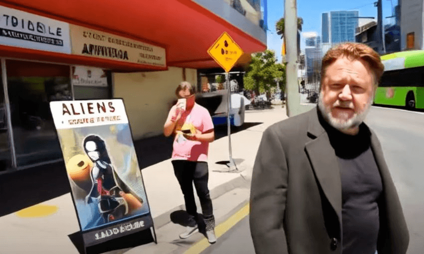 A screenshot from the Hollywood Avondale PSA showing a poorly generated AI Russell Crowe on an nondescript street.