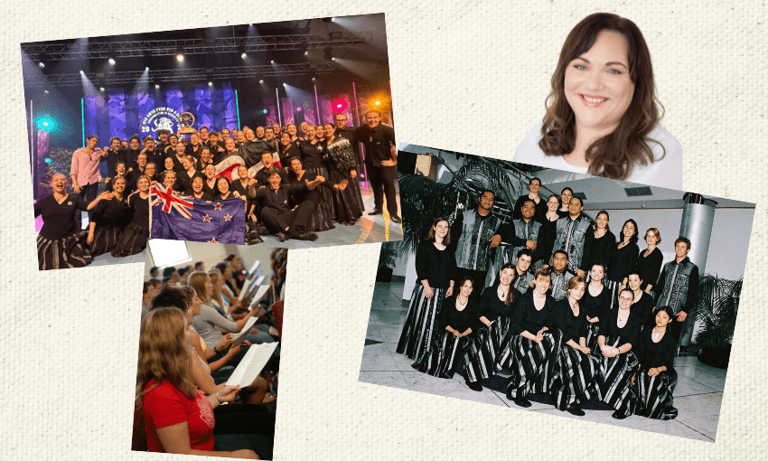 A collage of images of New Zealand youth choirs throughout the years plus a headshot of the author, Labour MP Rachel Boyack