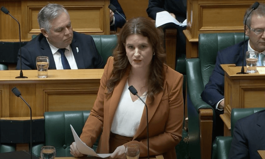 Nicola Willis speaks in the House, pointing to her notes.