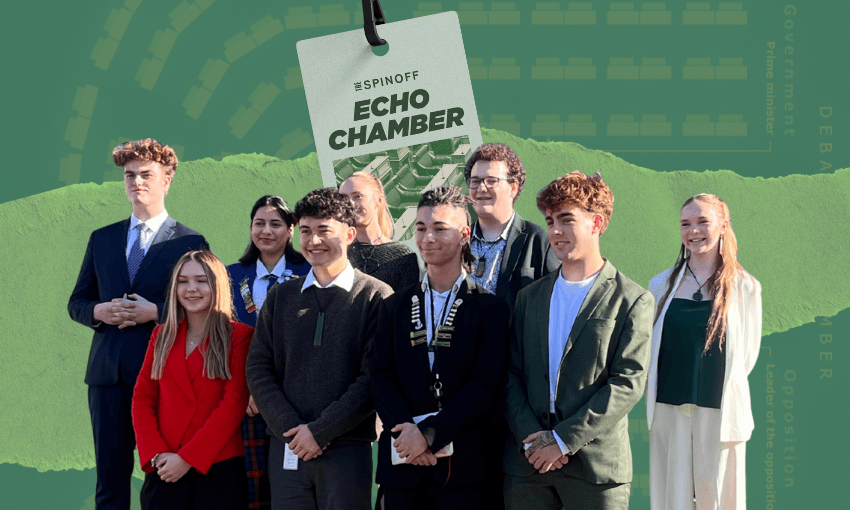 Youth MPs standing in front of Echo Chamber logos.