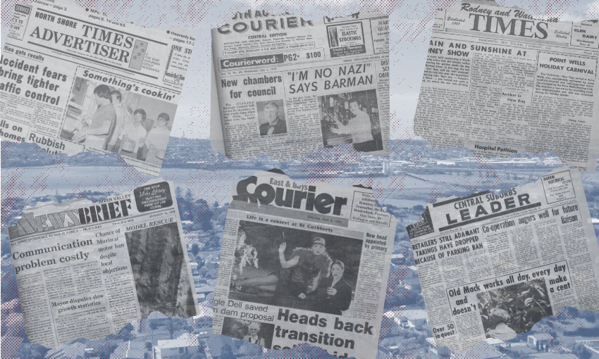 A collage of vintage newspaper clippings featuring various headlines, articles, and black-and-white photos, overlaid on a faded cityscape background.