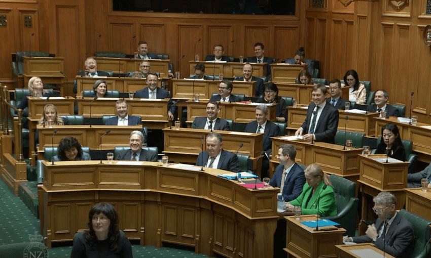 A screenshot from Parliament TV showing the government side of the House, with Andy Foster and Winston Peters grinning at their benches.