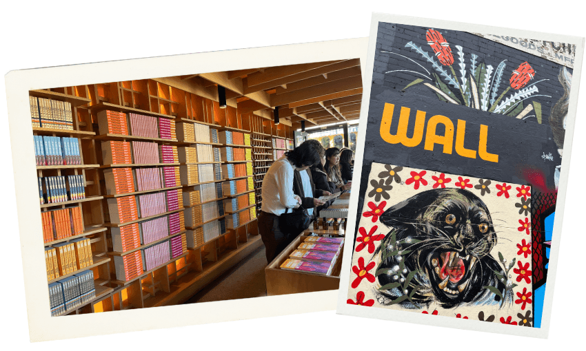 A collage shows a modern bookstore with people at a counter and colorful books on wooden shelves, beside street art featuring a black panther, flowers, and the word “WALL” in bold yellow letters.