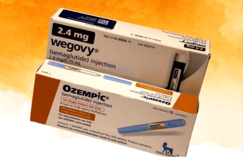 Two boxes of injectable medication—Wegovy (2.4 mg) and Ozempic—are displayed with their pens and packaging on an orange watercolor background. Both contain semaglutide for injection.