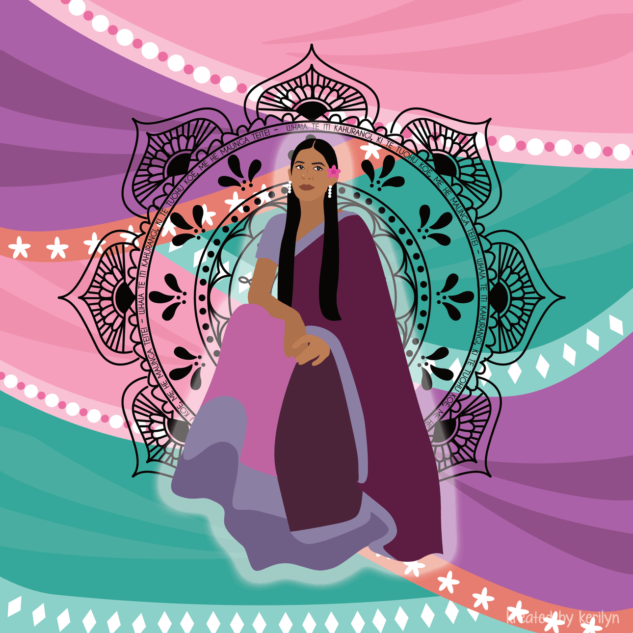 A woman in a colorful sari sits gracefully in front of a black mandala design, with flowing pink, purple, and teal patterns in the background. White floral accents frame the vibrant scene.
