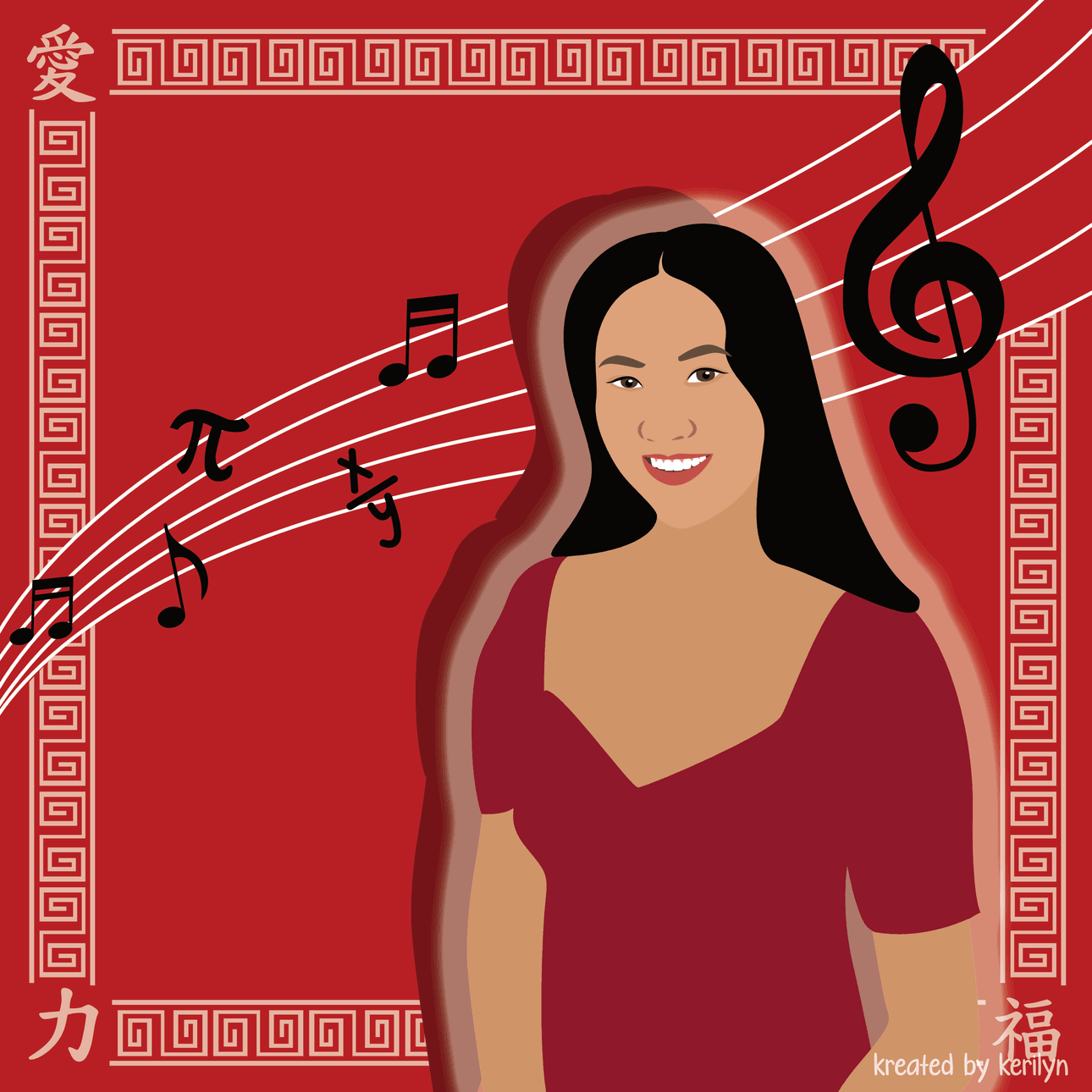 A digital illustration of a smiling woman with long dark hair on a red background, decorated with musical notes, a treble clef, and Chinese characters. Decorative borders and the text "kreated by keriyn" appear in the corners.
