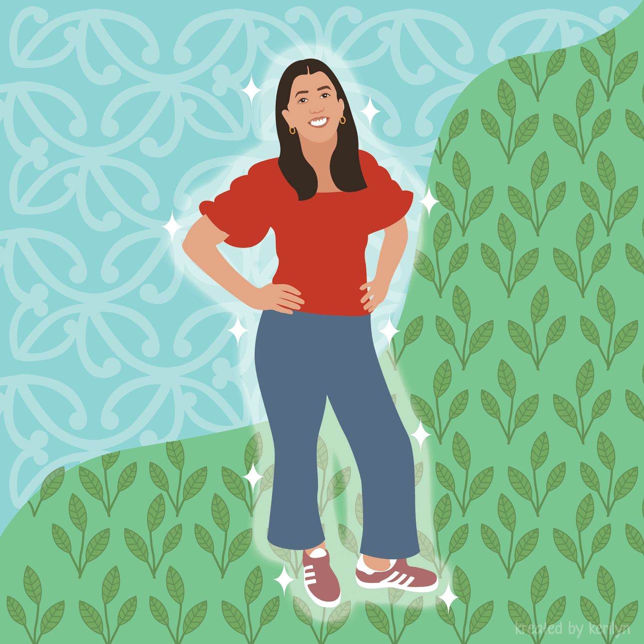Illustration of a smiling woman with long dark hair, wearing a red shirt, blue pants, and red sneakers, standing on grass with leaf patterns and a blue floral background. Sparkles surround her outline.