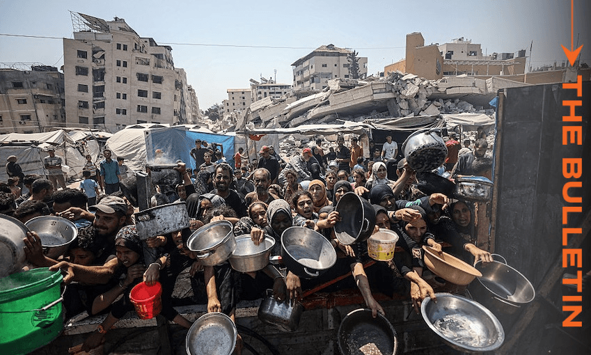 Palestinians gather to receive food in Gaza City, where residents are struggling to access food due to the ongoing Israeli blockade and attacks, on July 23, 2025. (Photo: Khames Alrefi/Anadolu via Getty Images)