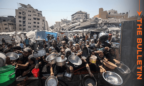 Palestinians gather to receive food in Gaza City, where residents are struggling to access food due to the ongoing Israeli blockade and attacks, on July 23, 2025. (Photo: Khames Alrefi/Anadolu via Getty Images) 
