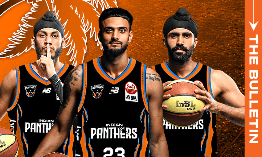 Three male basketball players wearing black Indian Panthers jerseys stand side by side against an orange background with a palm leaf design. One holds a basketball, while another makes a finger-to-lips gesture.