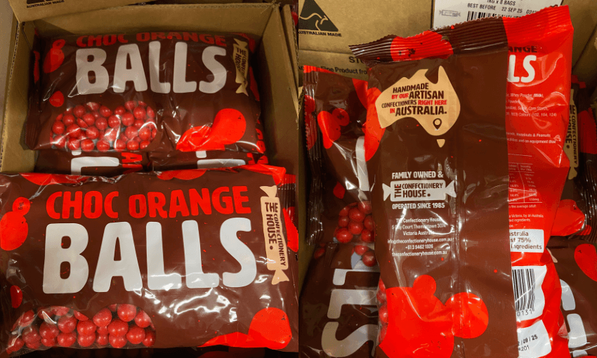 A photograph of a product called Choc Orange Balls which look like Jaffas.