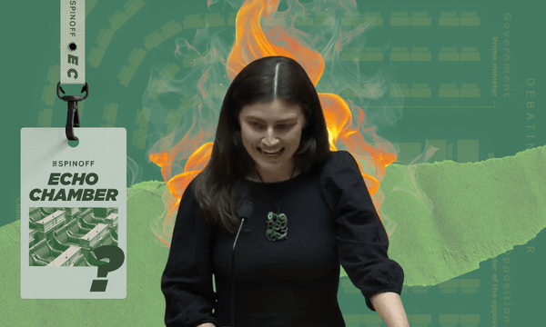 A woman against a green background, with flames behind her head