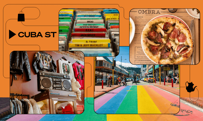 A colorful collage of Cuba Street, featuring a rainbow-painted crosswalk, retro jackets and a boombox in a shop, a display of cassette tapes, and a pizza on a menu at Ombra restaurant.