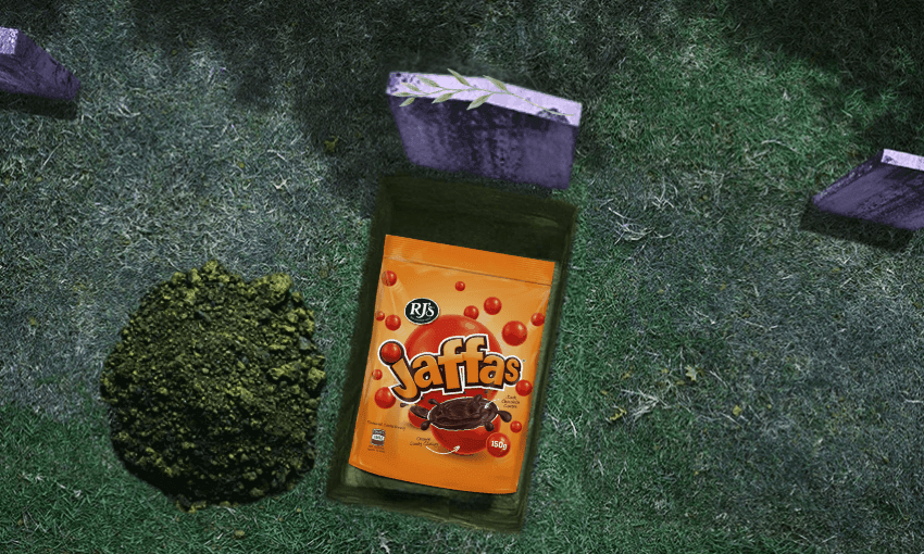 aerial image of a bag of jaffas in a grave..... rest in peace