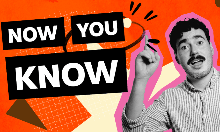 A man with a mustache points upward with a surprised expression. Bold text on a colorful, geometric background reads "NOW YOU KNOW." The image has a vibrant and energetic design.