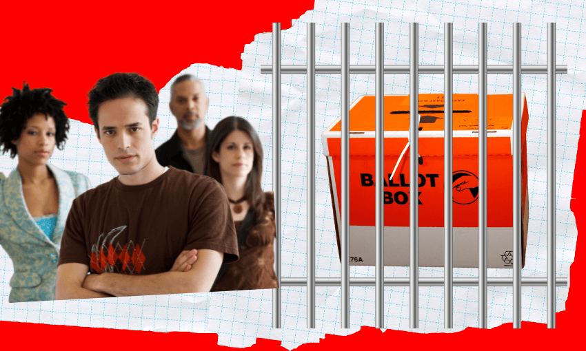 an orange ballot box behind jail bars and an unhappy group of people looking on
