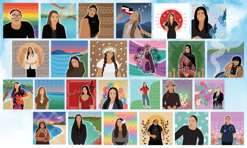 A collage of illustrated portraits of diverse women, each set against colorful, unique backgrounds with vibrant patterns, nature motifs, and symbols representing various cultures and identities.