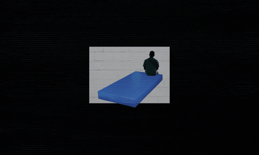 A black image with a small blue mattress in the centre and the silhouette of a person sitting on the edge of it