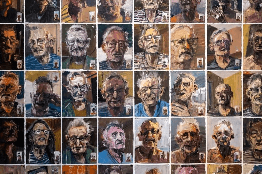 a grid of loosely painted portraits of an older man with glasses
