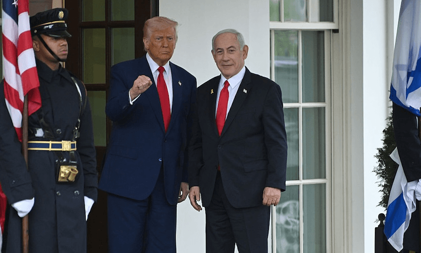 Donald Trump greets Israeli prime minister Benjamin Netanyahu as he arrives at the White House for a meeting on April 7, 2025 (Photo by Chen Mengtong via Getty Images) 
