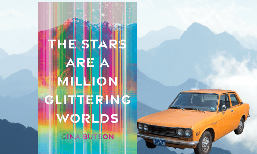 A book cover with mountains in the background, and an orange datsun car.