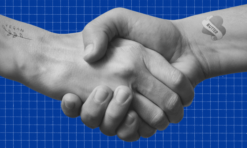 Two hands shaking against a blue grid background; one wrist has a "vegan" tattoo, the other has a cloud-shaped tattoo labeled "butter.