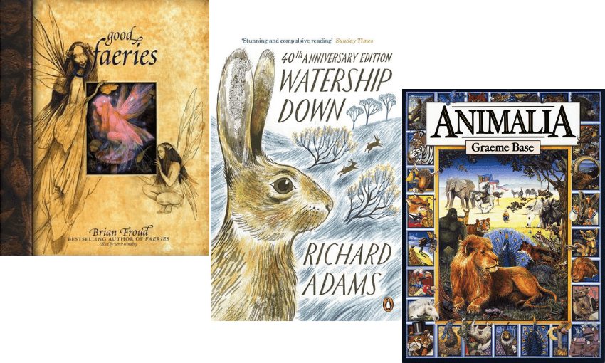 Three book covers: Good Faeries, Bad Faeries by Brian Froud; Watership Down by Richard Adams; and Animalia by Graeme Base