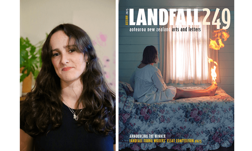 Image of a young woman with long dark hair, half smiling. And image of the cover of Landfall 249 which shows a woman in a bed that has started to flame and she is looking out the window, back to us.