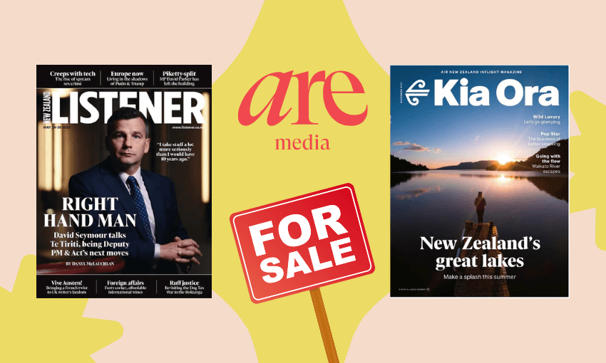 Covers of New Zealand Listener and Kia Ora magazines with a "For Sale" sign, and the Are Media logo in the centre, on a light background with yellow leaf shapes.