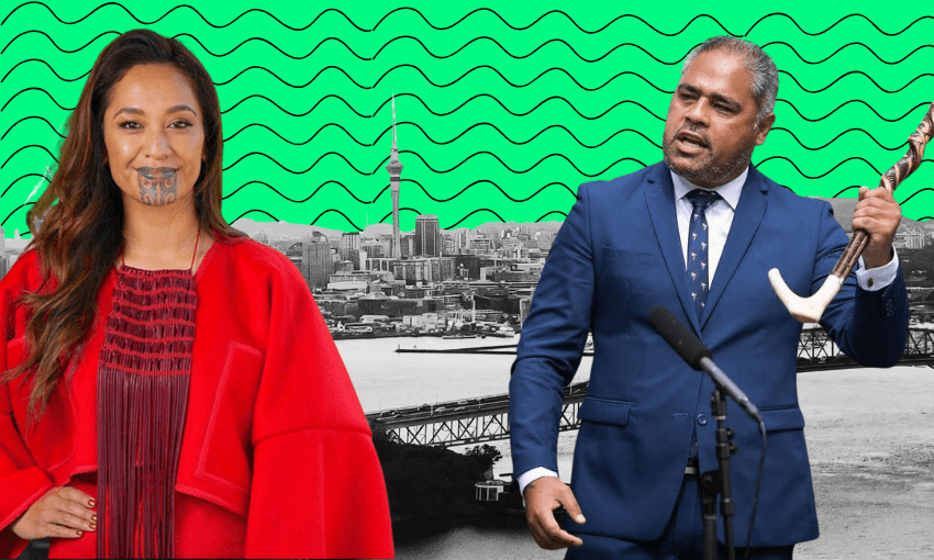 A woman in a red outfit with traditional moko kauae stands beside a man in a suit holding a tokotoko, with a city skyline and green patterned background behind them.