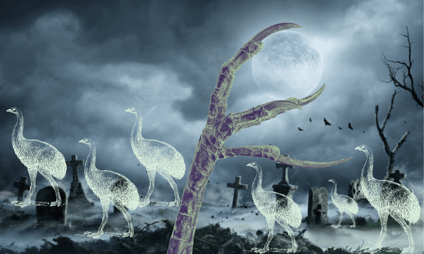 A ghostly scene of a graveyard at night, with a large bird claw in the foreground and several transparent, ghost-like birds among tombstones under a full moon. Dark, leafless trees and flying bats complete the eerie atmosphere.