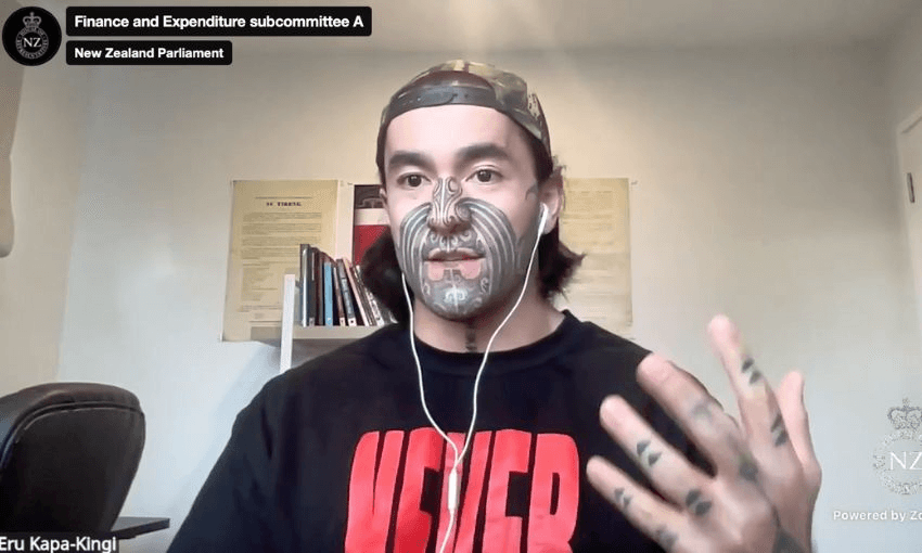 Eru Kapa-Kingi Zooms into the RSB oral hearings wearing a "Never Ceded" shirt.