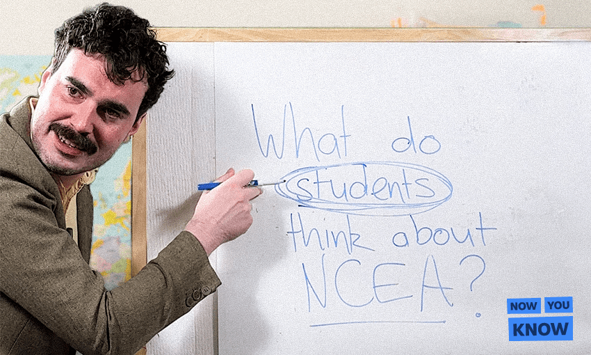 A man points to the words “What do students think about NCEA?” written on a whiteboard, with “students” circled. A blue “Now You Know” logo appears in the bottom right corner.