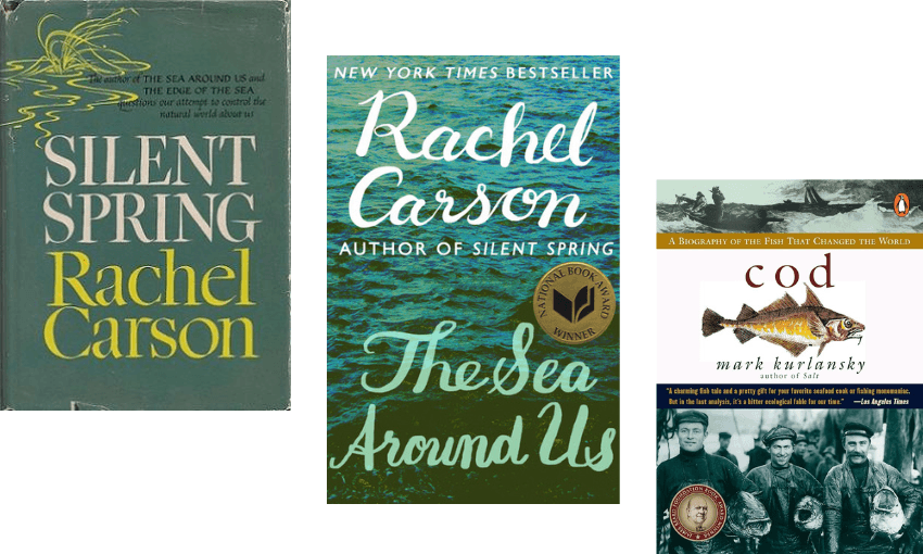 Three book covers: two books by Rachel Carson, and Cod by Mark Kurlansky.