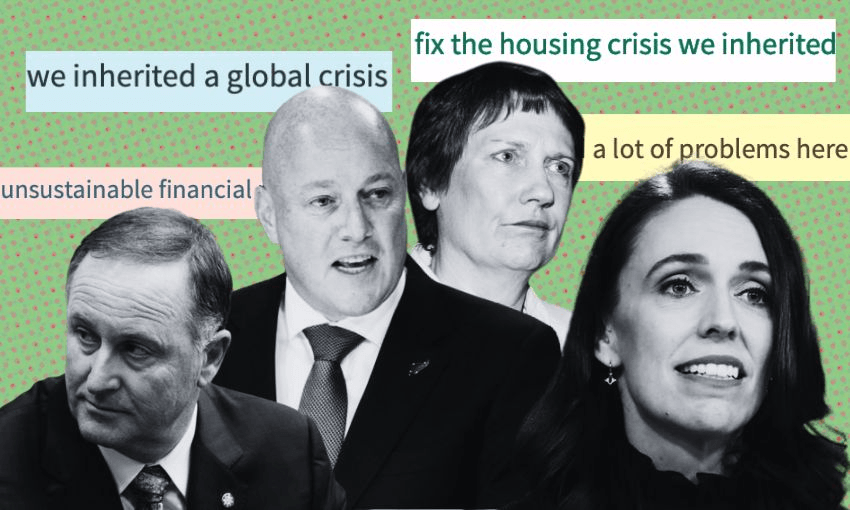 Headshots of John Key, Christopher Luxon, Helen Clark and Jacinda Ardern set against screenshotted quotes of things they had inherited, such as a "global crisis" and "housing crisis".