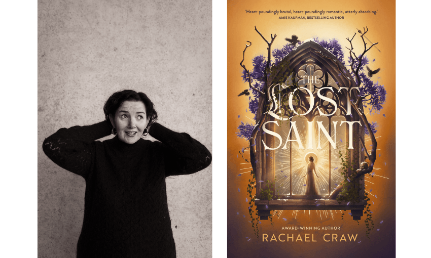 A black and white photo of Rachael Craw who is a middle aged woman with short dark hair. She has her hands behind her head and is wearing a black jumper.