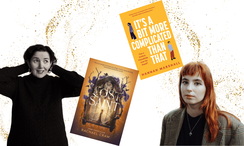 A photograph of Rachael Craw and a photo of Hannah Marshall with their book covers between them.