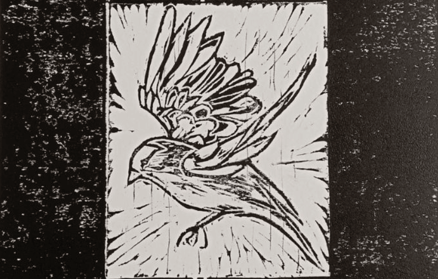 wood block print of a bird