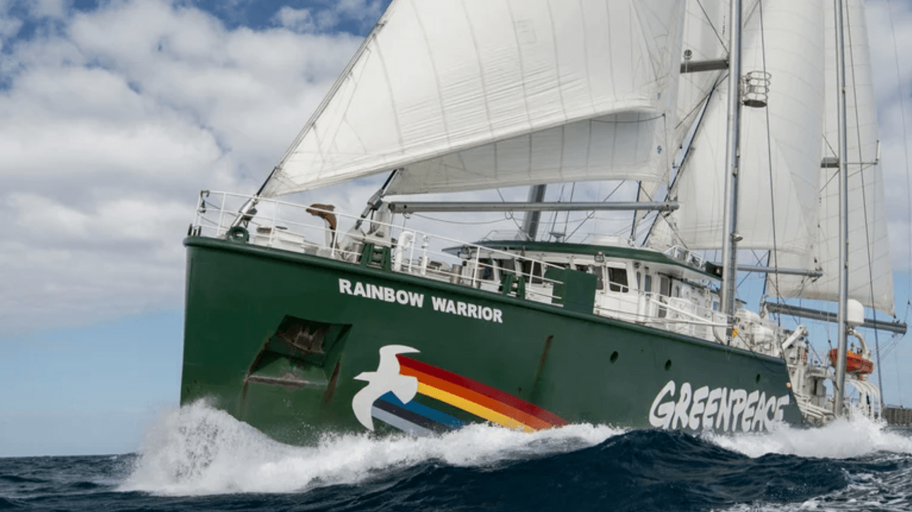 Rainbow warrior boat going speedy through the ocean