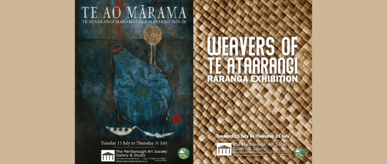 two posters side by side. One has a painting of a calabash the other is a photo of a naturally coloured weaving