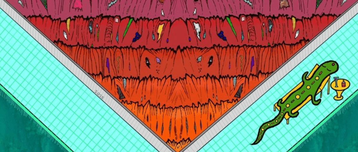 All illustration - birds eye view angle - I'm not sure what's happening in the middle perhaps it is abstract. On the right had side a lizard is reclining on a sun lounger with a little table with a cocktail next to it