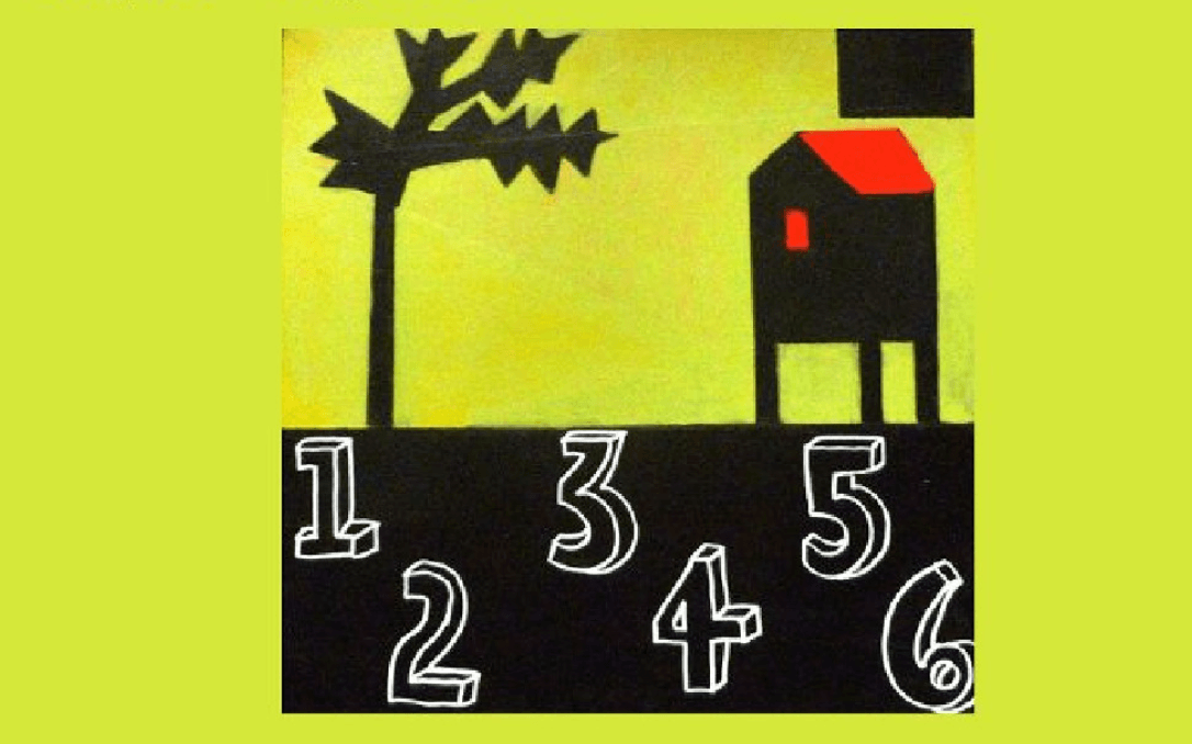 a painting with a lime green backgroud. There is the silhoutte of a tree and a house, both in black and then across the bottom a black field with 3D numbers 1-6 painted on it