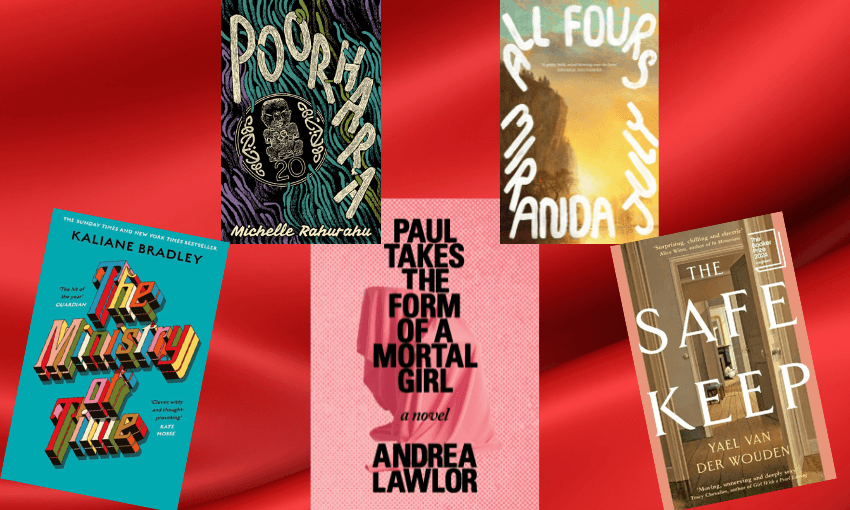 Five book covers with red satin behind them.