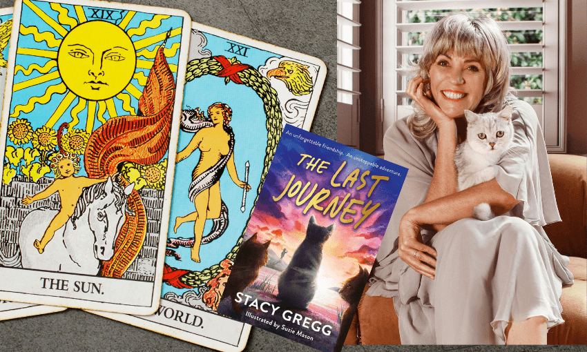 Tarot cards and a photo of author Stacy Gregg with her cat.