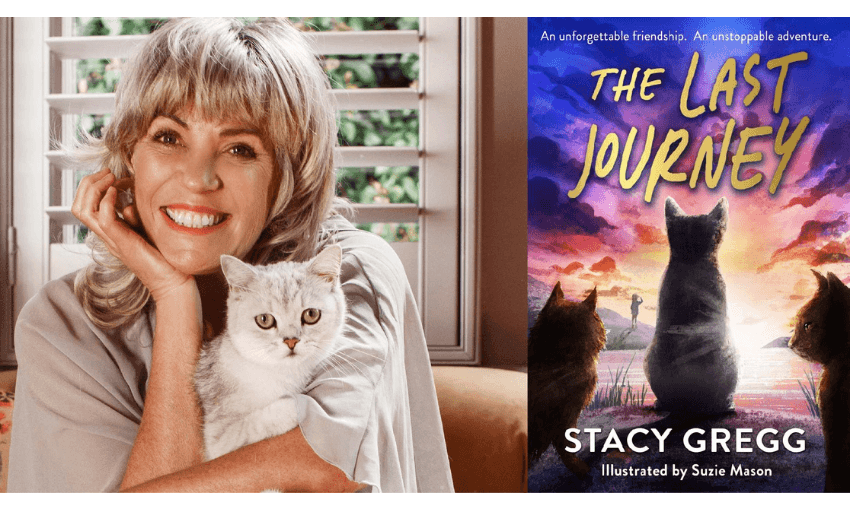 A photo of a smiling woman with a cat on her lap with the cover of her book, The Last Journey next to her.