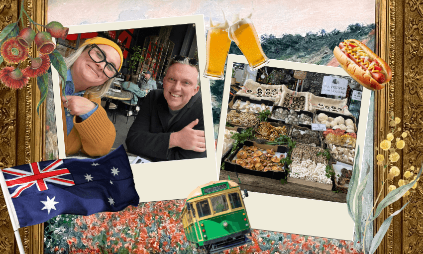 A collage with two photos: one of two people smiling at an outdoor café, the other of a market stall with mushrooms. Decorations include flowers, beer, a hot dog, an Australian flag, and a green tram.