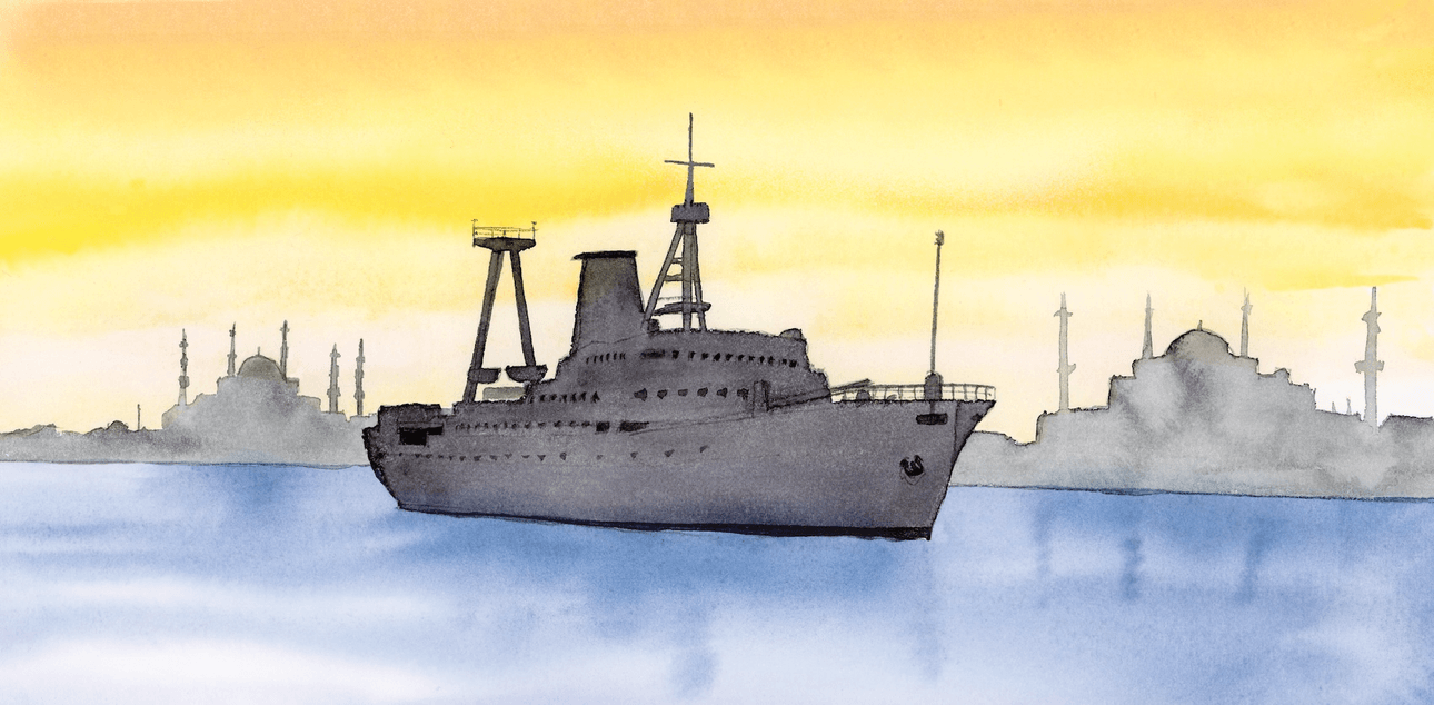 watercolour illustration of a ship in grey on blue water with a yellow sky and cityscape