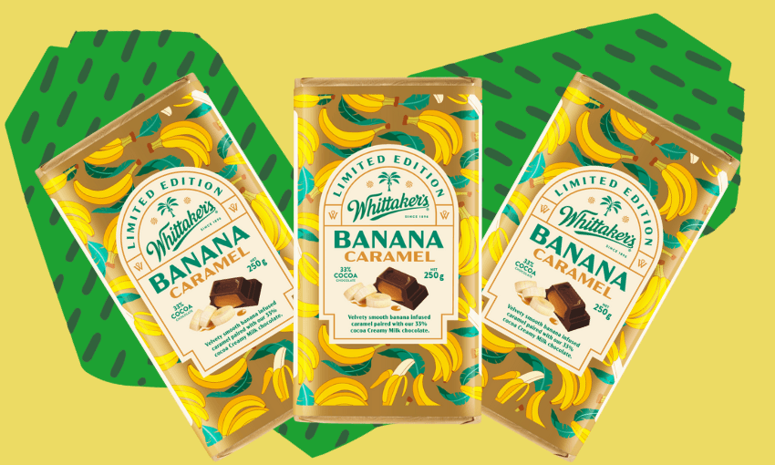 Three Whittaker’s limited edition banana caramel chocolate bars with yellow banana graphics on the wrappers are displayed against a bright yellow and green patterned background.